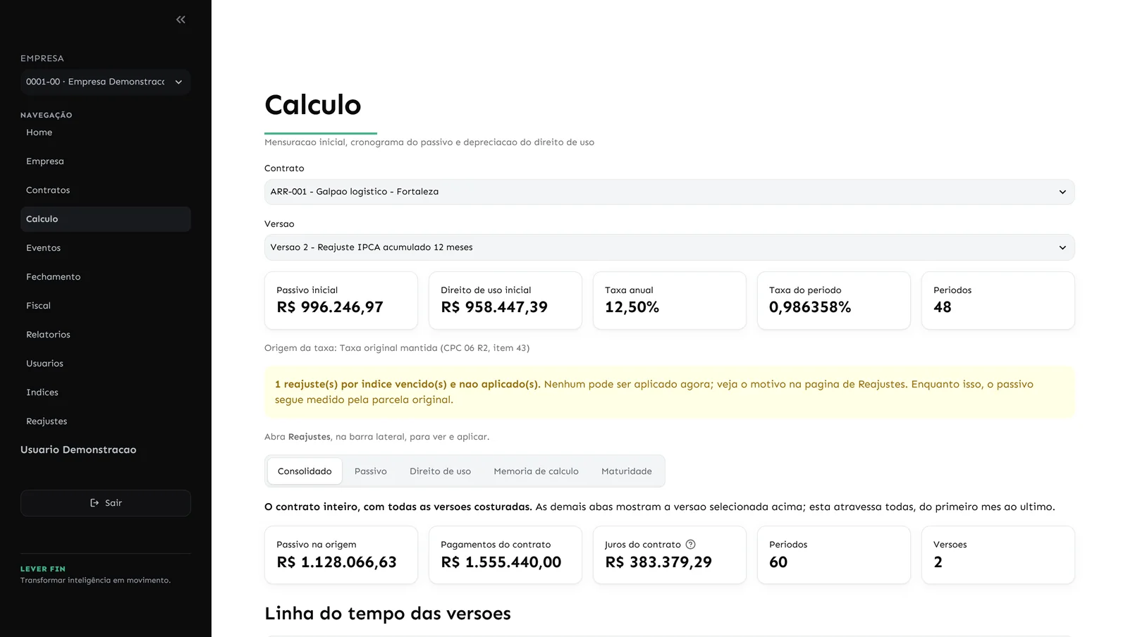 Tela de cálculo do LEVER FIN Arrendamentos com passivo inicial, direito de uso, taxa anual e linha do tempo das versões do contrato