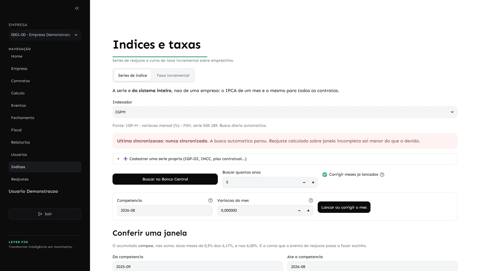 Tela de índices do LEVER FIN Arrendamentos com as séries IPCA, IGP-M, IGP-DI, INPC, INCC e Selic buscadas no Banco Central e o registro da última atualização