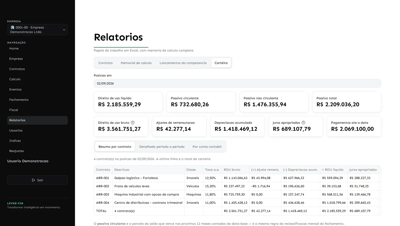 Carteira posicionada no LEVER FIN Arrendamentos com direito de uso líquido, passivo circulante e não circulante por contrato, para exportação em Excel