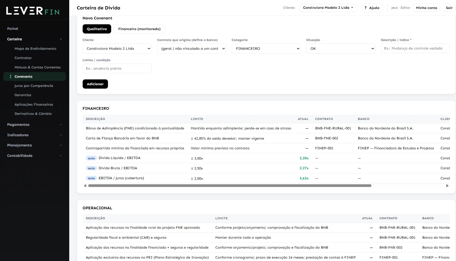 Tela de covenants do LEVER FIN com limites contratuais, Dívida Líquida/EBITDA, cobertura de juros e covenants operacionais por contrato e banco